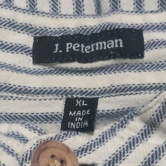 J. Peterman Vintage Navy and White Striped Button Down Poets XL,  Collarless Bnd - Picture 5 of 7